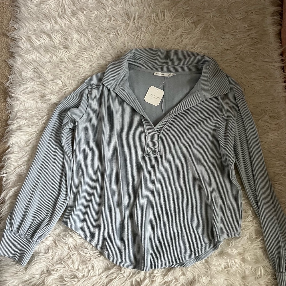 Altar'd State Blue Gray Long Sleeve Polo Button Down